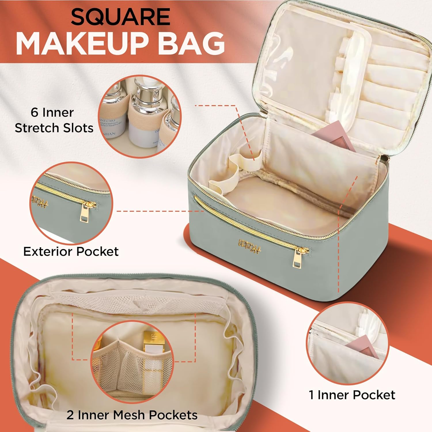 Leesh & CO Makeup Bag - Large Travel Cosmetic Organizer with Brush Holders for Women - Eco-Friendly Vegan Leather, Waterproof & Durable Cosmetics Bag - Perfect for Toiletries, Beauty Products (Green) image number 1