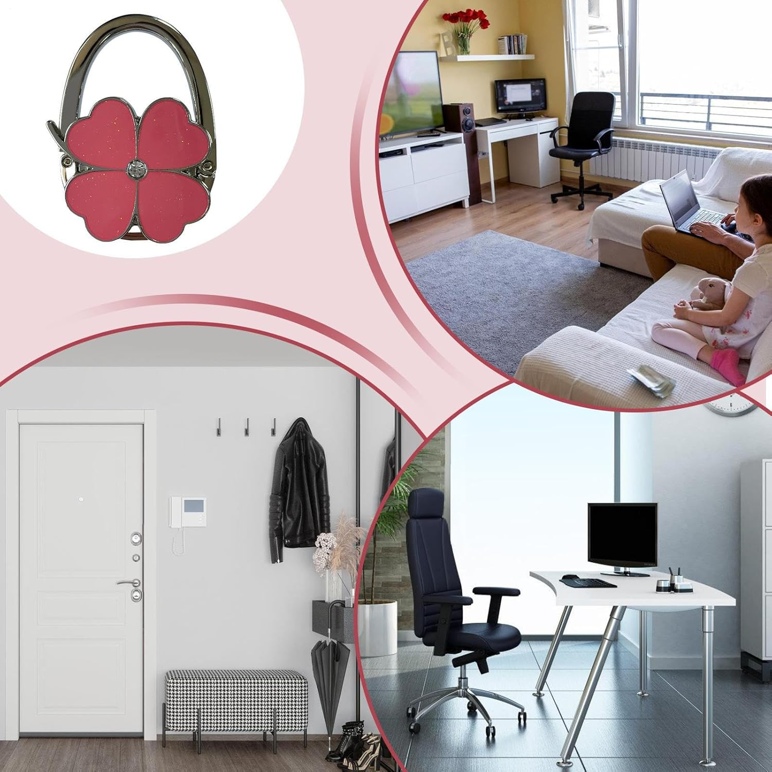 Bag Holder for Table, Purse Holder for Table | Four Purse Clips Designed in Clover - Pocket Holder, Handbag Organizers, Desk Bag Hanger For image number 5