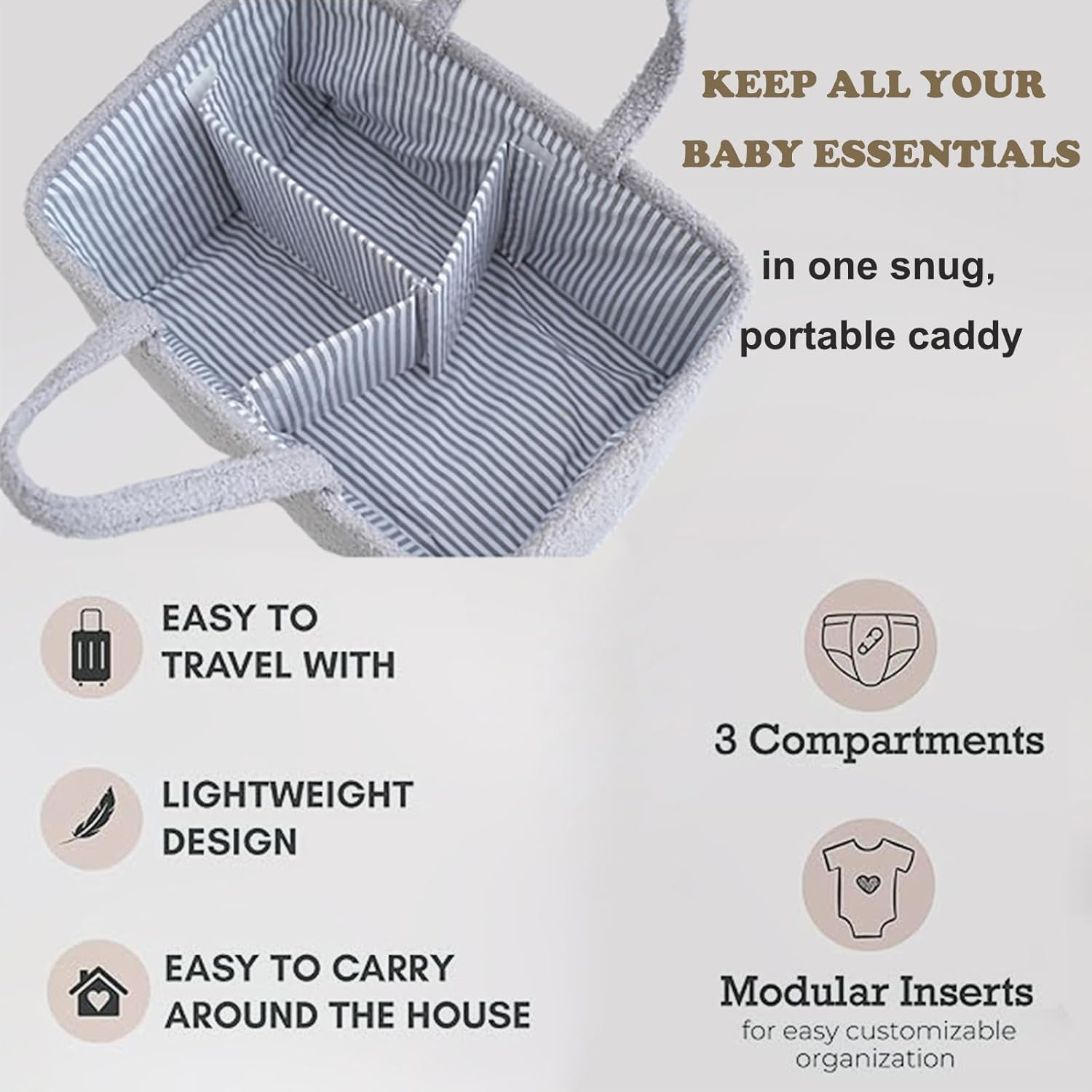 LISNSMY Baby Nappy Caddy Organiser, with Removable Inserts, Baby Storage Basket for Diapers and Wipes, 38 X 26 X 18 CM (Gray) - Gray image number 4