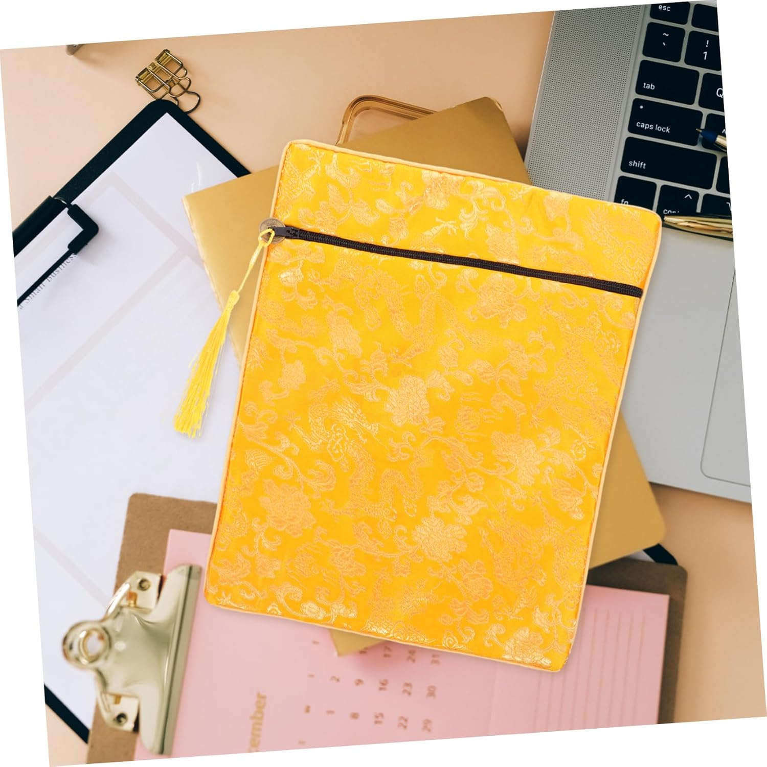 TIDTALEO Buddhist Scriptures Storage Bag Yellow Brocade Fabric Wallet Pouch with Handle for Books Jewelry Prayer Beads Travel Organizer Carry Case image number 6