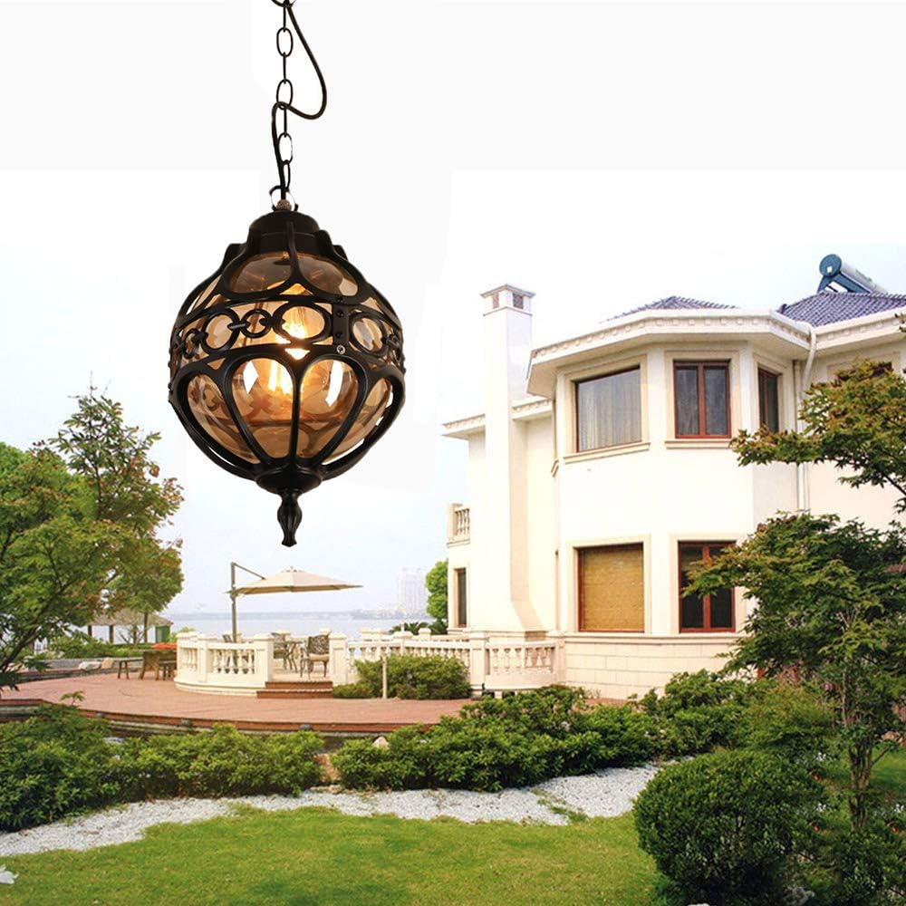 Vintage Outdoor Pendant Light, Metal Globe, 27Cm Height, 60Cm Chain, Waterproofe27,No Light Bulbs Included (Black) image number 2