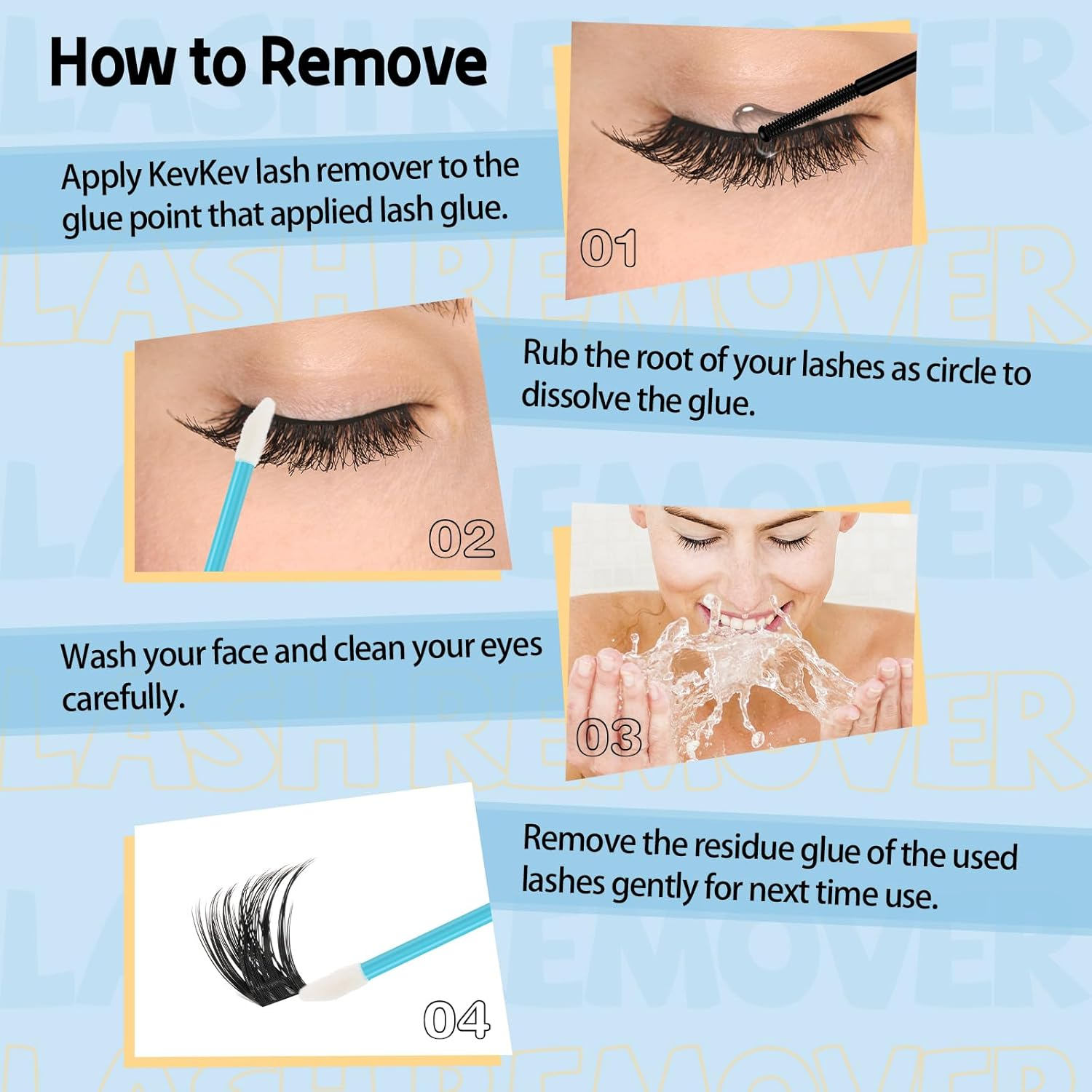Kevkev Lash Remover for Extensions and Clusters 10Ml with Brush, Cotton Swabs - Easy Removal of Eyelash Adhesive, Bond and Seal