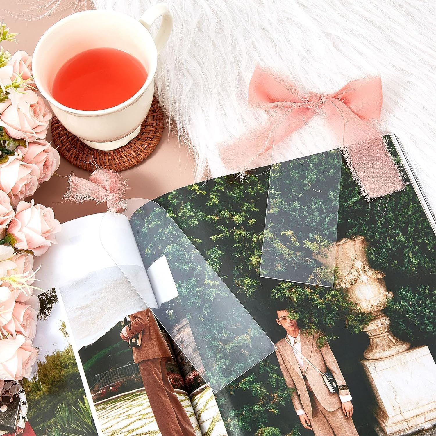 100Pcs Acrylic Bookmark Blanks Kits, Clear Acrylic Bookmarks Tags with 2 Rolls Ribbon, DIY Craft Transparent Bookmark for Reading Lovers School Presents Reading Accessories Gift (5.9 X 2 Inch, Pink)