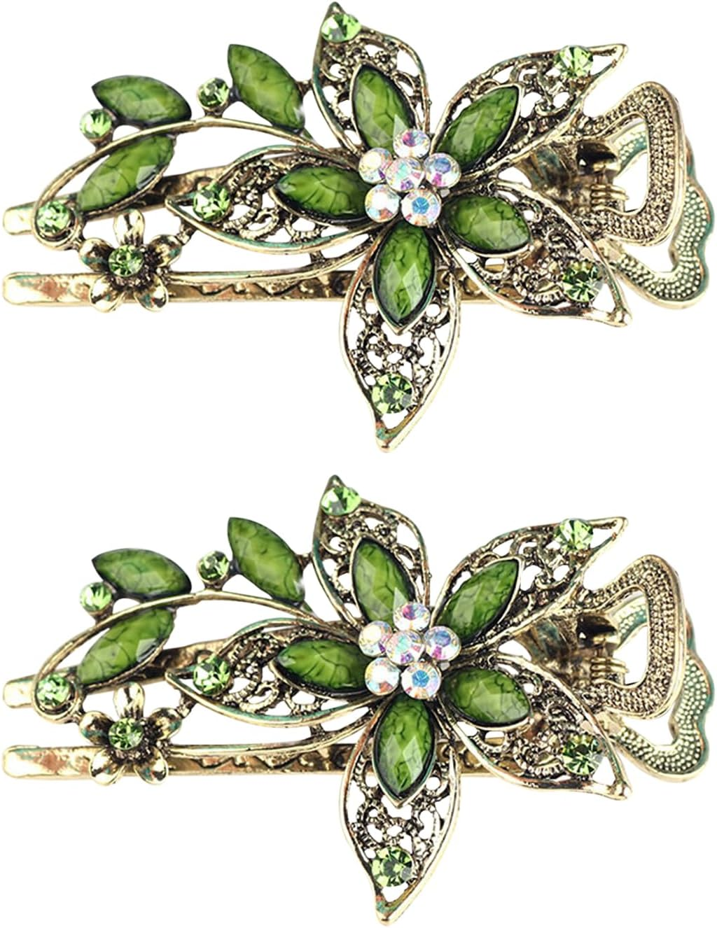 2 Flower Hair Clips, Exquisite Fashion Hair Accessories, Women'S Crystal Hair Clip, Green Hair Clip, Retro and Elee Hairpin, Decoration Clip Hairstyle