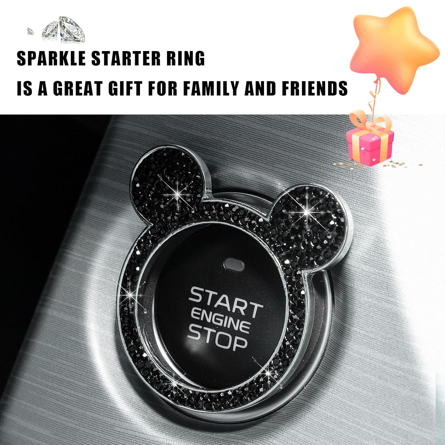 Augeny Bling Car Engine Start Button Cover, Rhinestone Key Ignition Knob Ring, Sparkling Push to Start Button Sticker for Women, Universal Car Accessories for Interior Decoration (1PC, Black) image number 5