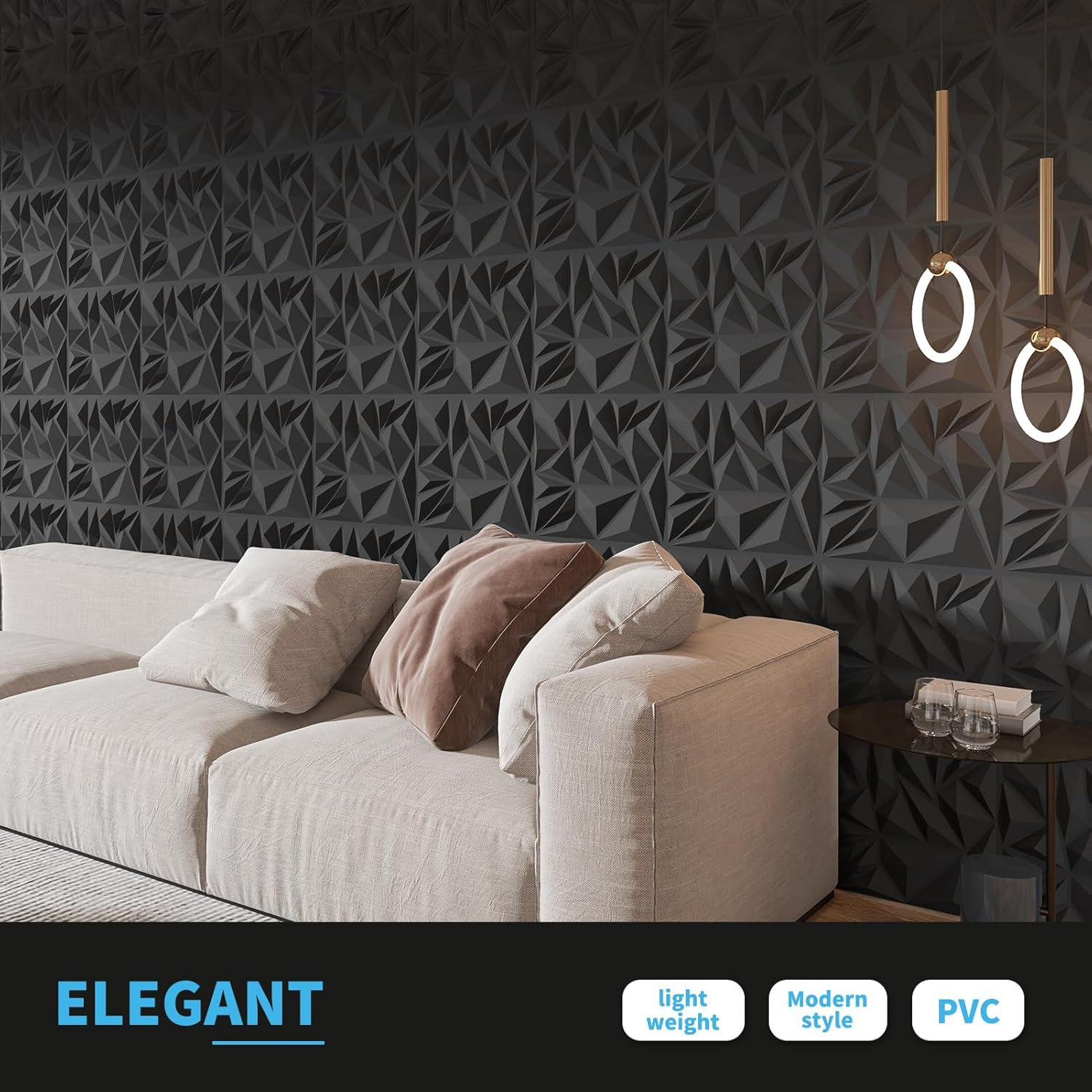 Art3D 33-Pack 3D Wall Panels for Interior Wall Decor, Modern Diamond Textured Accent Wall Paneling for Gaming Living Room TV Wall Background - 30 X 30 CM, Black image number 4