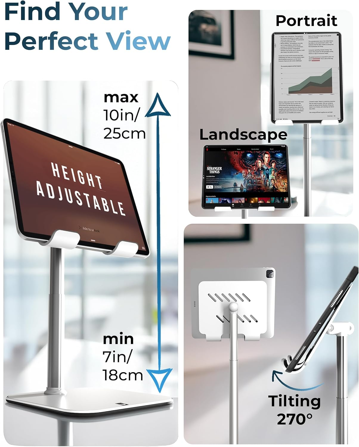 Cooper Tabholder, 7-10" Height Adjustable Tablet Stand, Premium Ipad Stand for Desk, 270&deg; Tilt Portable Monitor Holder for 15.6-17" Displays, for All Ipad, Kindle, Surface, Samsung Tablets (White) - Cream White image number 4