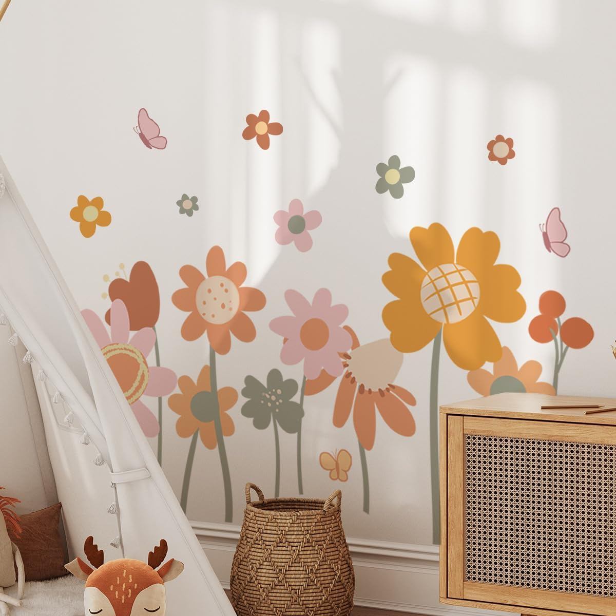 Retro Colorful Big Flowers Kids Wall Stickers Wall Art Decal Nursery Bedroom Decorations Wall Decor Modern Wallpaper for Kids Boy Girl Rooms Nursery Bedroom Decorations-Self-Adhesive