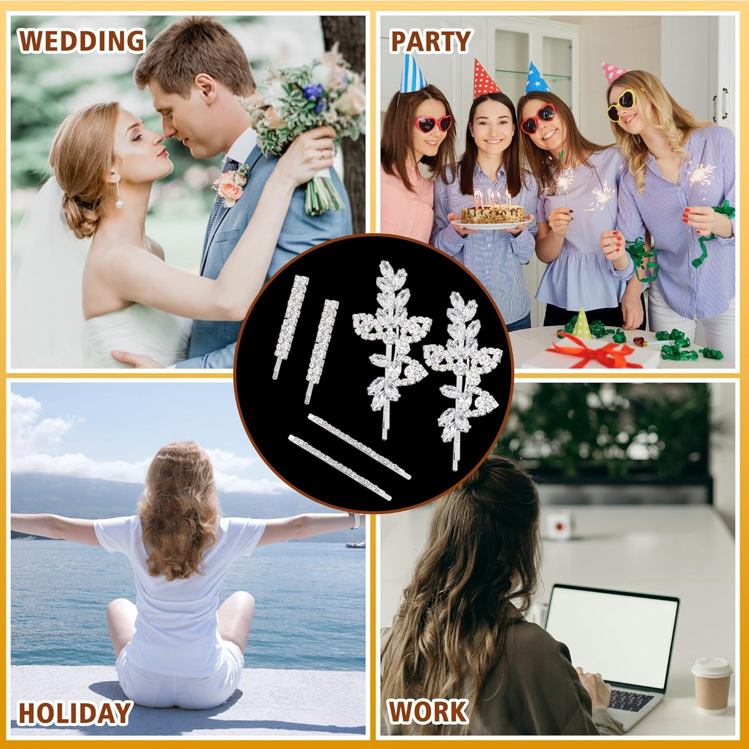 6PCS Rhinestone Hair Clips for Women, Flower Rhinestone Hair Clip, Wedding Elegant Rhinestone Barrettes for Women, Crystal Leaf Hair Accessories(Silver, 3 Styles)