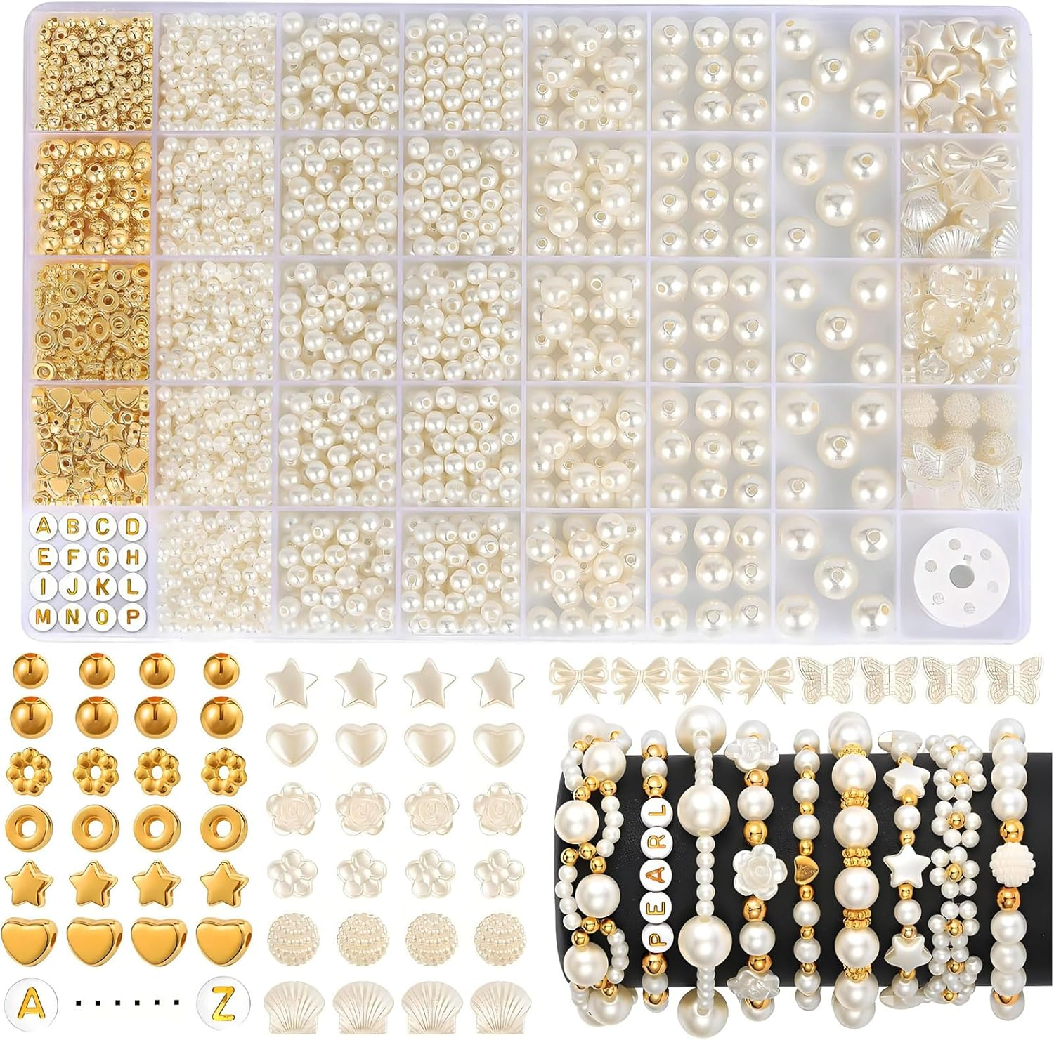 MYTOAU 1860Pcs Pearl Beads for Bracelets Making,Spacing Bead Set,Multi-Shape Pearls and Gold Spacer Bead,Round Pearls Beads Craft DIY for Jewelry Making Kit for Adults Charms for Bracelets String