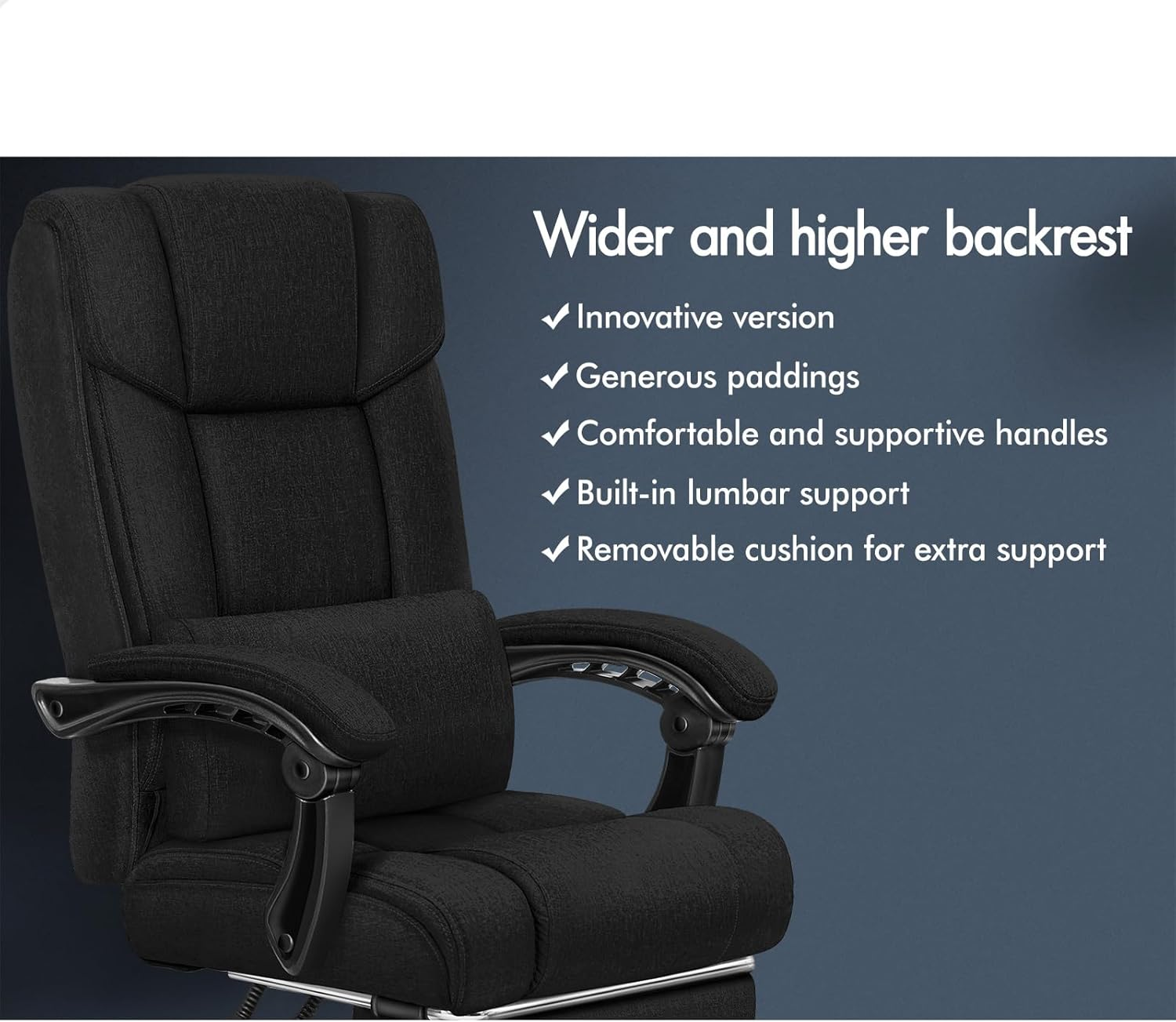 ALFORDSON Ergonomic Executive Office Chair with Footrest, High Back Desk Computer Chair Recliner for Home Office Study Student, Linen Fabric Video Gaming Chair, Boss Fabric Black image number 2