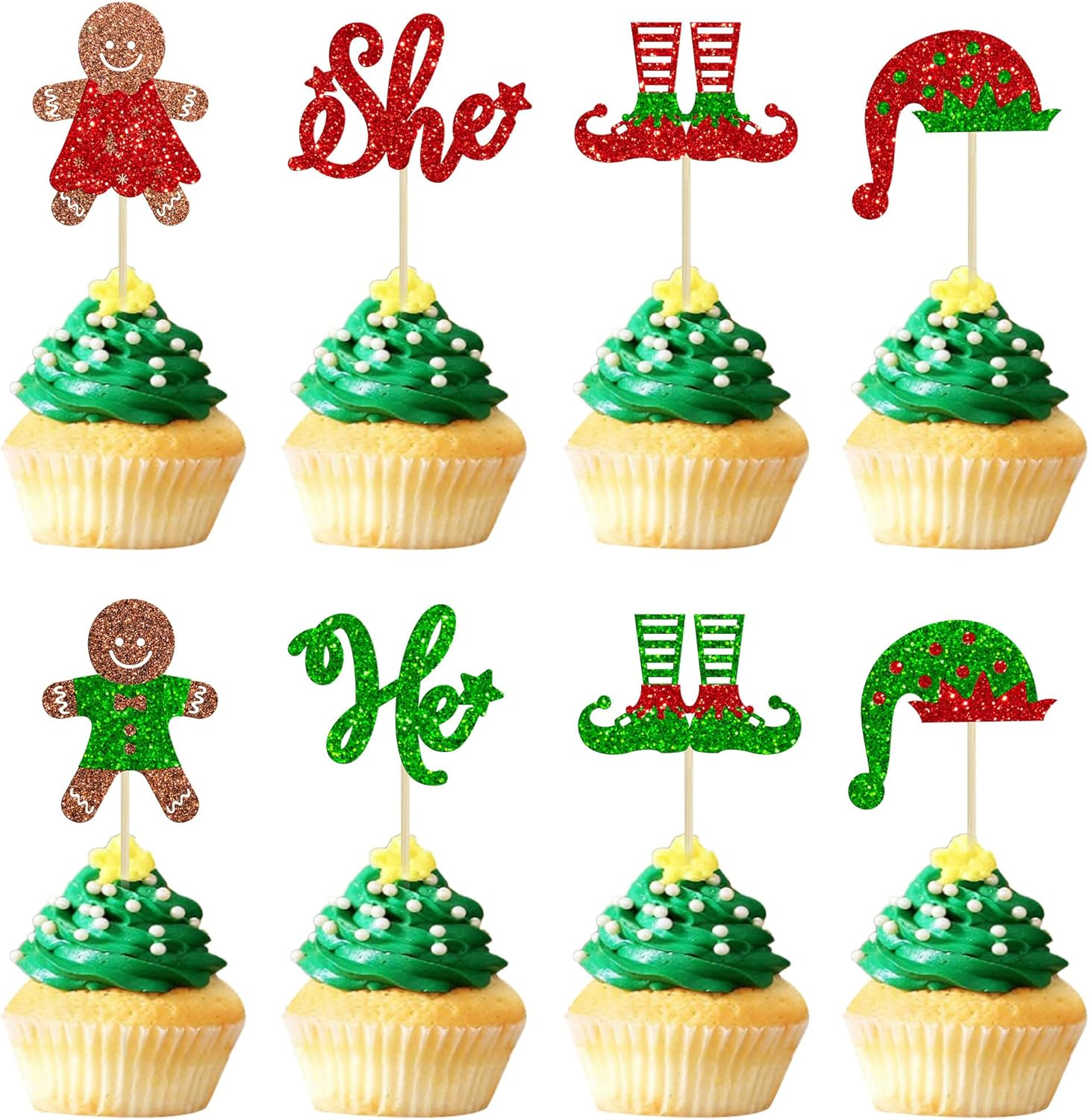 Gyufise 24Pcs Gingerbread Christmas Cupcake Toppers Glitter Gingerbread He or She Cake Topper Decorations for Christmas Theme Baby Shower Kids Birthday Party Supplies image number 3