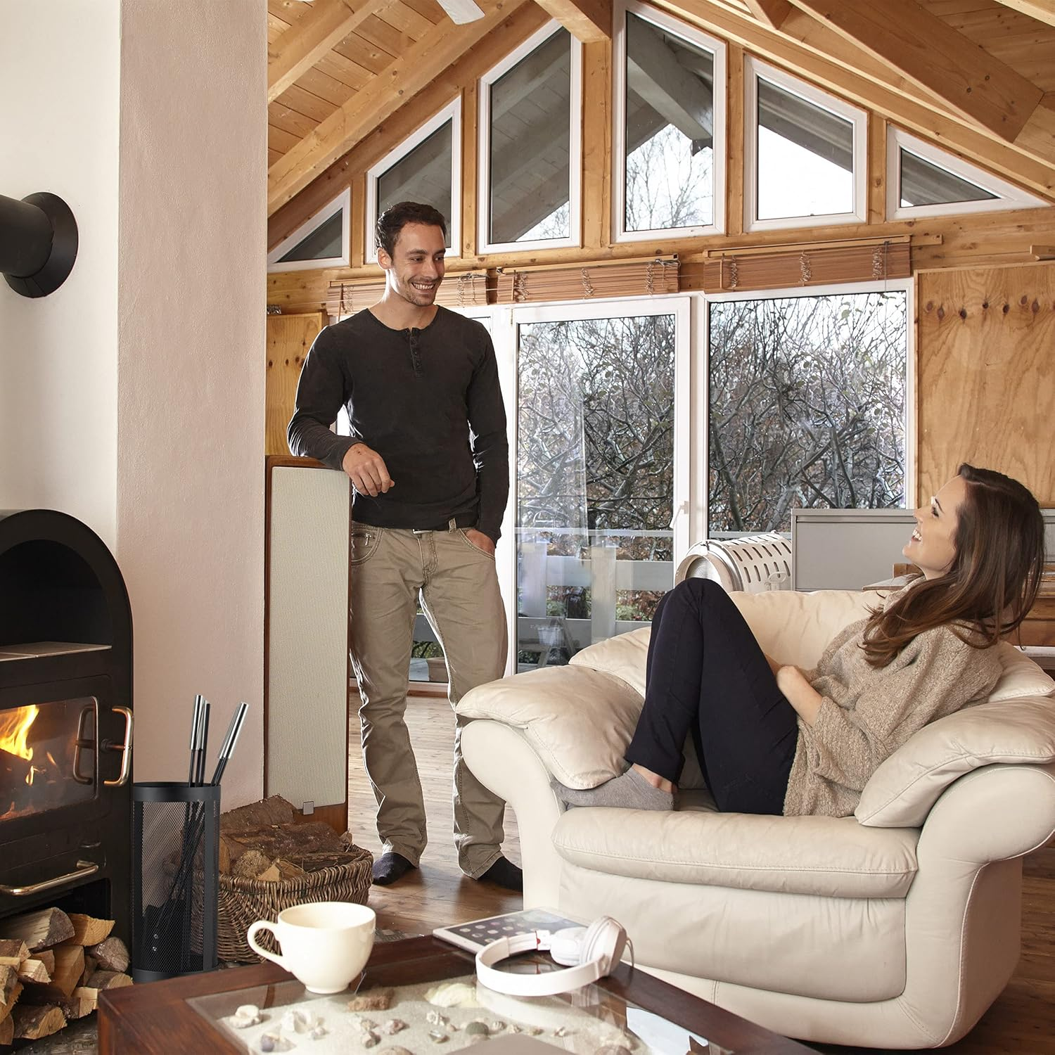 Relaxdays Modern Cast Fire Irons. 5-Piece Fireplace Companion Set with Shovel, Broom, Poker, Tongs and Stand, Black, 17 X 17 X 35 Cm