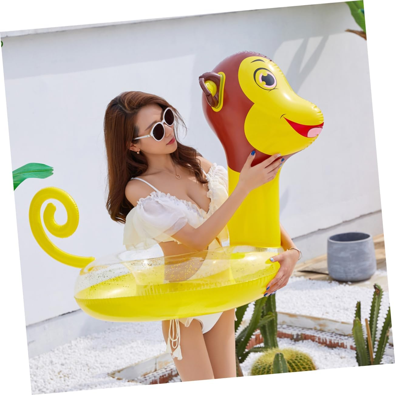 KICHOUSE Inflatable Swimming Ring for Adults, Thickened PVC Cartoon Monkey Pattern Swim Ring with Sequins, Summer Water Playing Float for Pool and Beach Fun image number 6
