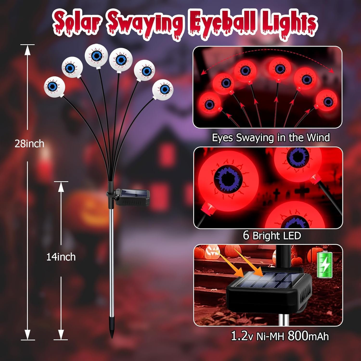 2-Pack Solar Halloween Eyeball Lights - 16 LED Green Outdoor Pathway Lights with 2 Modes, Swaying Firefly Effect, Waterproof Decor for Garden, Yard & Lawn (RED) image number 5