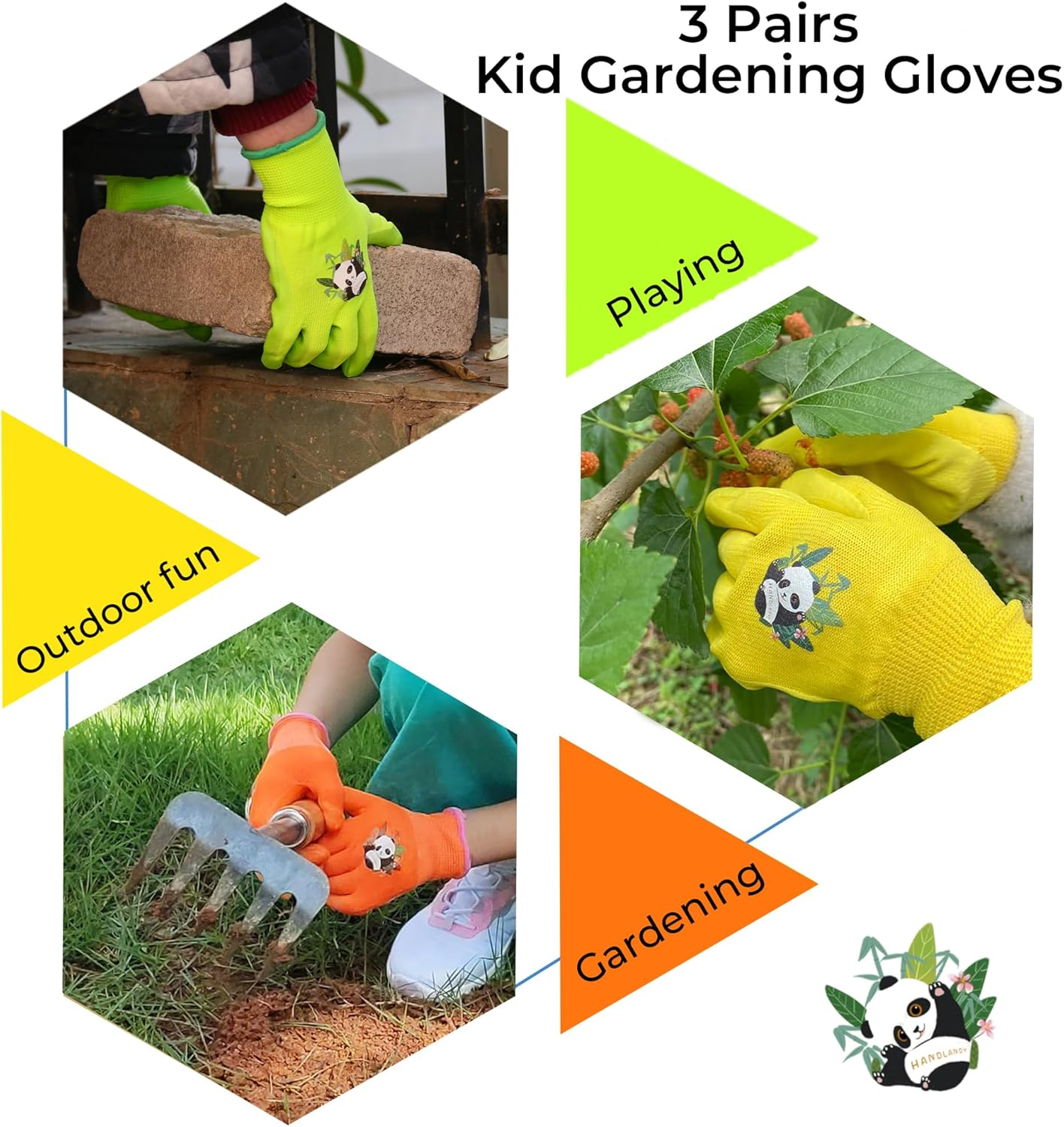 HANDLANDY 3 Pairs Kids Gardening Gloves Latex Free, Nitrile Coated Children Toddler Garden Yard Outdoor Playing Gloves for Little Girls Boys (Size L) image number 4