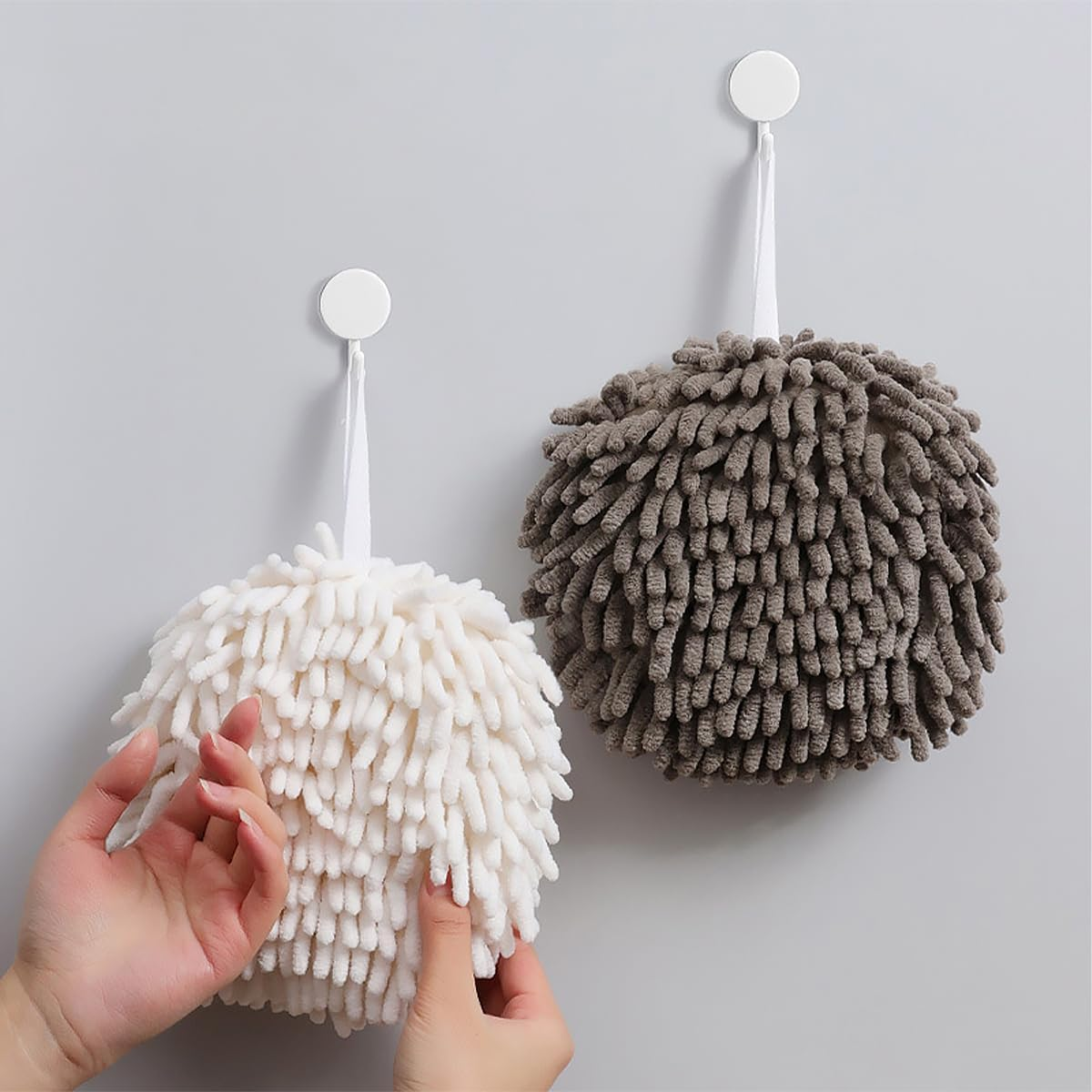 2 Pcs NUZAMAS Chenille Hand Towels Fuzzy Ball Towel White and Gray Fast Drying Handball Absorbent Soft Towel Hanging Towel for Kitchen Bathroom