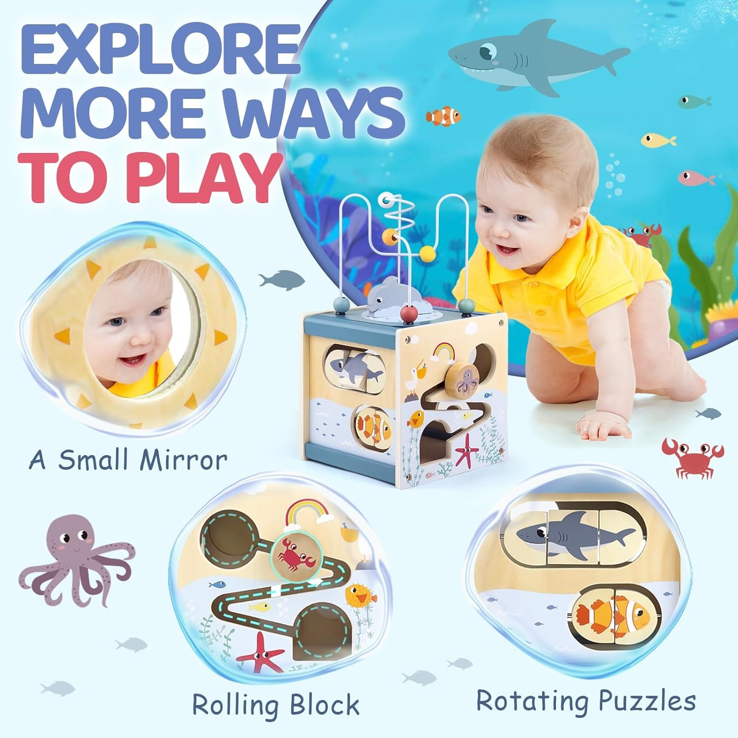 Wooden Activity Cube Montessori Toy with Ocean Elements, Educational Learning Toy for Toddlers 1 Year and Up, 12&ndash;36 Months Sensory Interactive Toy for Boys and Girls, Ideal Birthday Gift image number 6