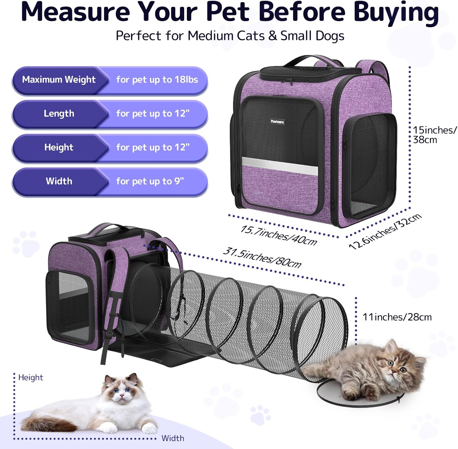 Pawtners Cat Carrier Backpacks Expandable Cat Backpack with Breathable Mesh, Pet Carrier Backpack for Cats Small Dogs Puppies up to 18 Lbs, Dog Carrier Backpack for Travel Hiking Camping Outdoor - Purple image number 3
