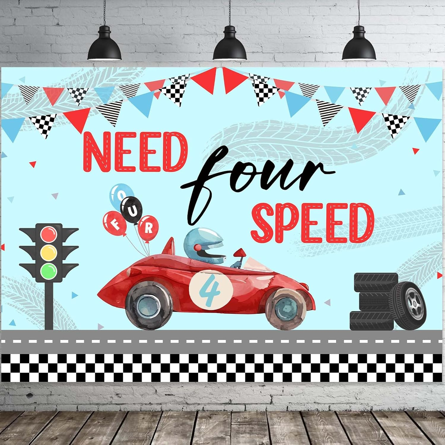 Wonmelody Race Car 4Th Birthday Party Backdrop Need Four Speed Backdrop Banner Race Car 4Th Birthday Decors Red Blue Race Car Vintage Photography Background Supplies for 4Th Boys (7 * 5Ft) image number 2