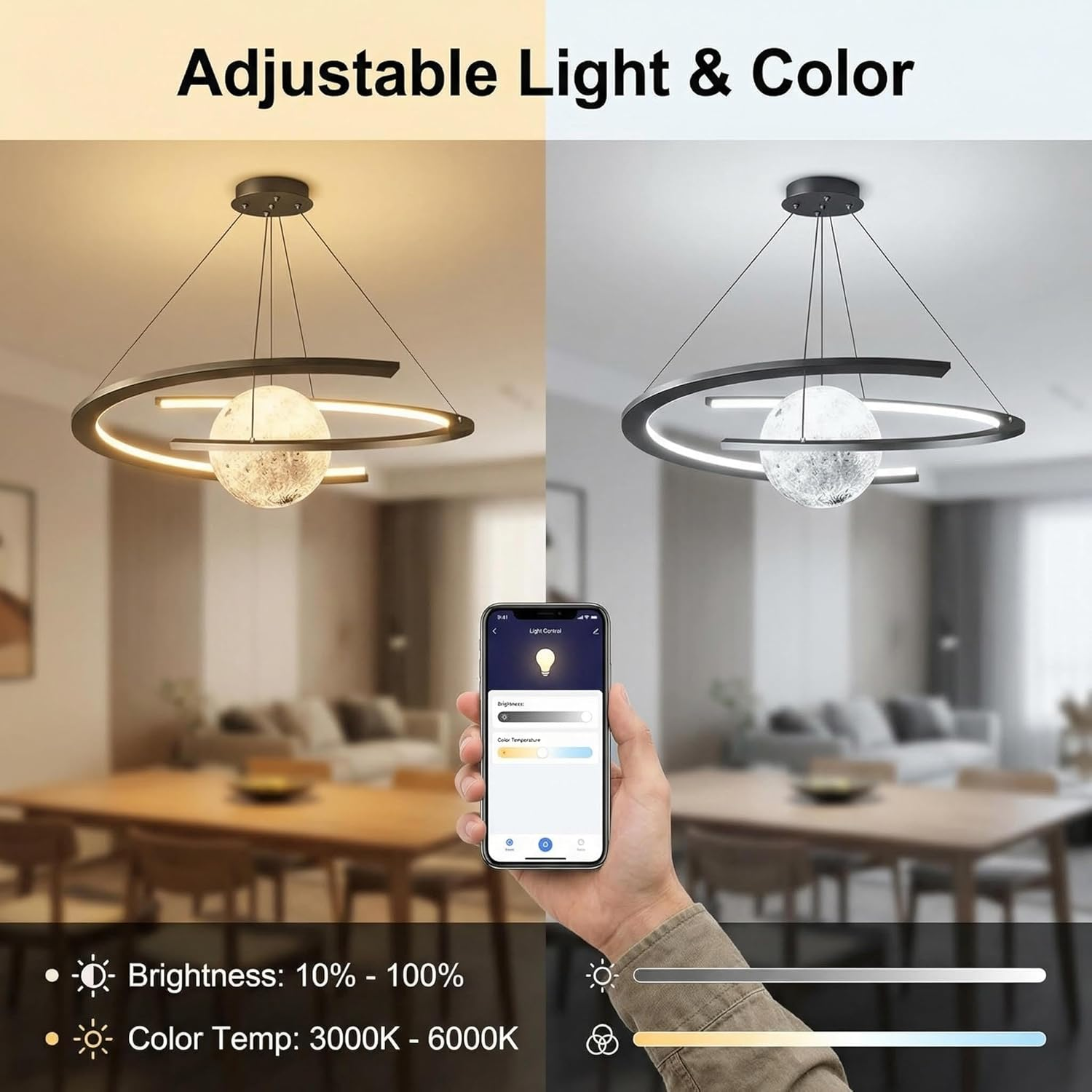 Led Chandelier Lighting Modern App Controlled,Dimmable Moon Pendant Light with Remote,Moon Creative Lamp Timable,Adjustable Ceiling Light for Living Room Bedroom Kitchen Island image number 5