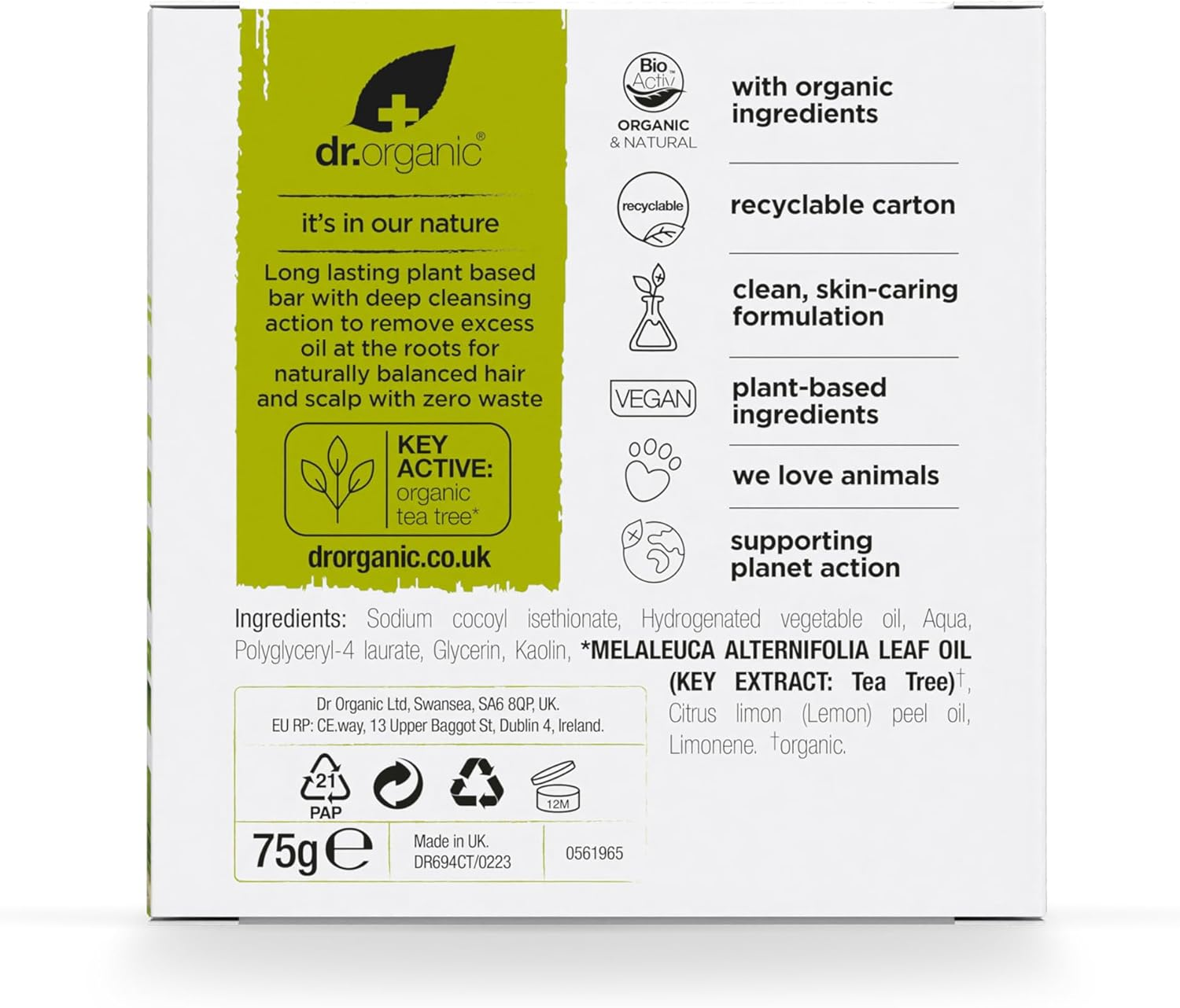 Dr Organic Tea Tree & Lemon Shampoo Bar, Purifying, Oily Roots & Scalps, NEW, Plastic Free, Natural, Vegan, Cruelty-Free, Paraben & Sls-Free, Organic, 75G