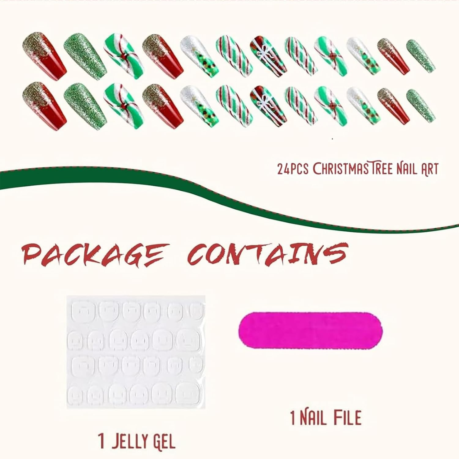 Itadaku 24 Pcs Christmas Press on Nails, Medium Length Acrylic Red Green Stripe and Tree, French Square False Nail with Glue image number 2
