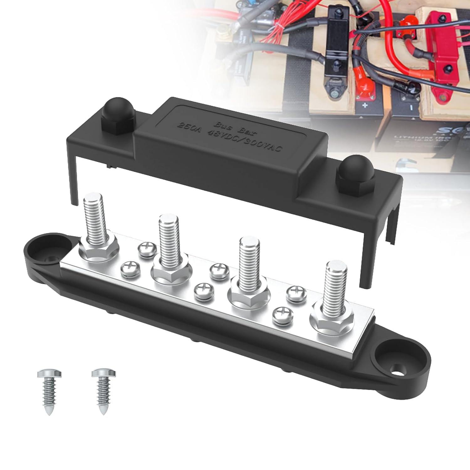 Upgraded Bus Bar 250A 12V Power Distribution Block with 3/8" (M10) 4-Posts Terminals Block with Cover for Automotive, Marine, Battery System(Black & Red) image number 4