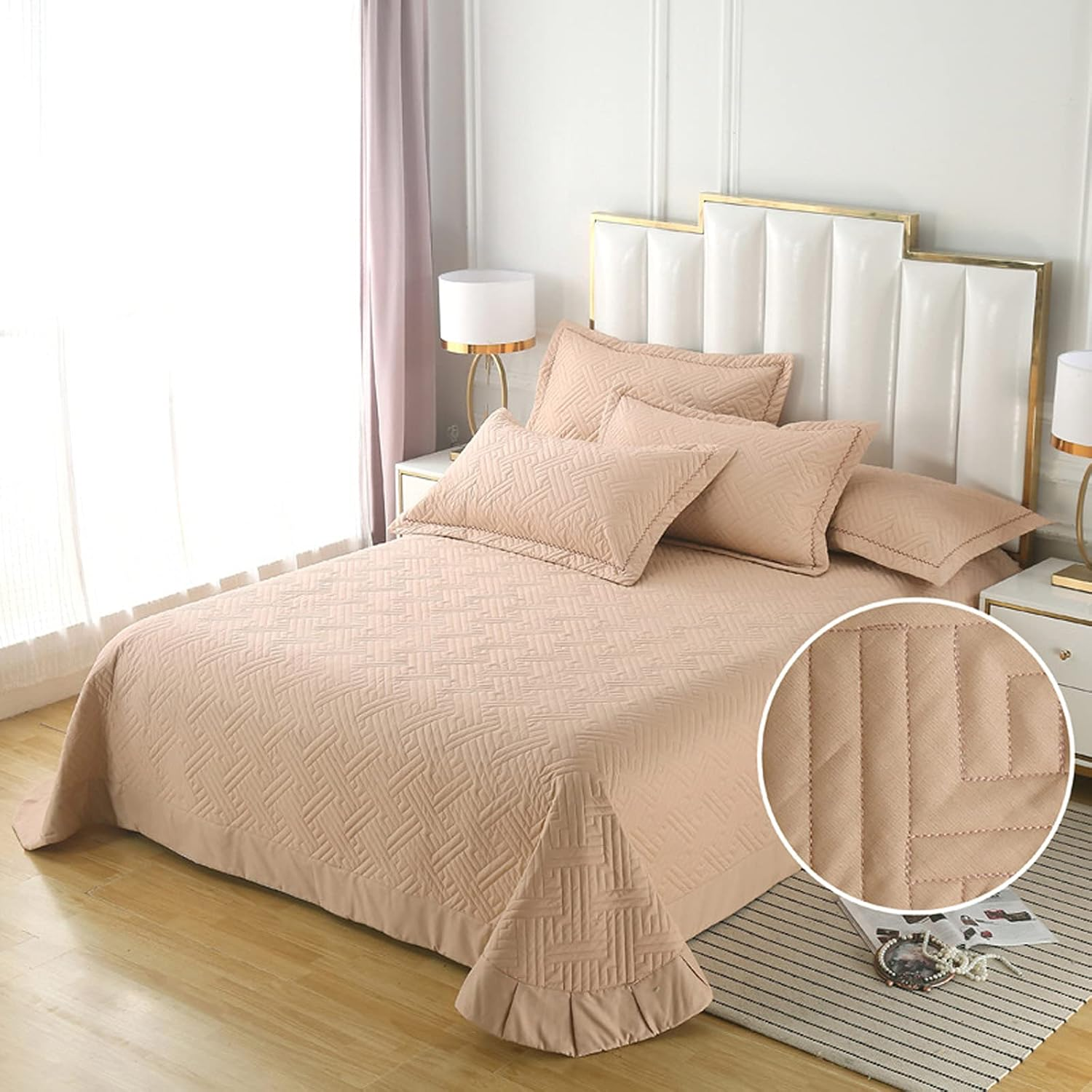 Quilt Set Bedding Set King Size Bed Cover 3 Pieces Long-Staple Cotton Coverlet with Pillowcases Reversible Bed Bnket Throws,Blue,86X106Inch(Beige,98X98Inch) image number 2