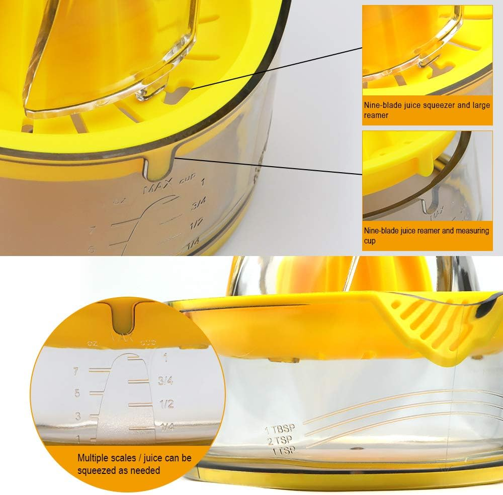 Vanleonet Lemon Squeezer Citrus Juicer with Strainer, Hand Juicer for Orange and Lime, Manual Press with Built-In Measuring Cup (Yellow) image number 2