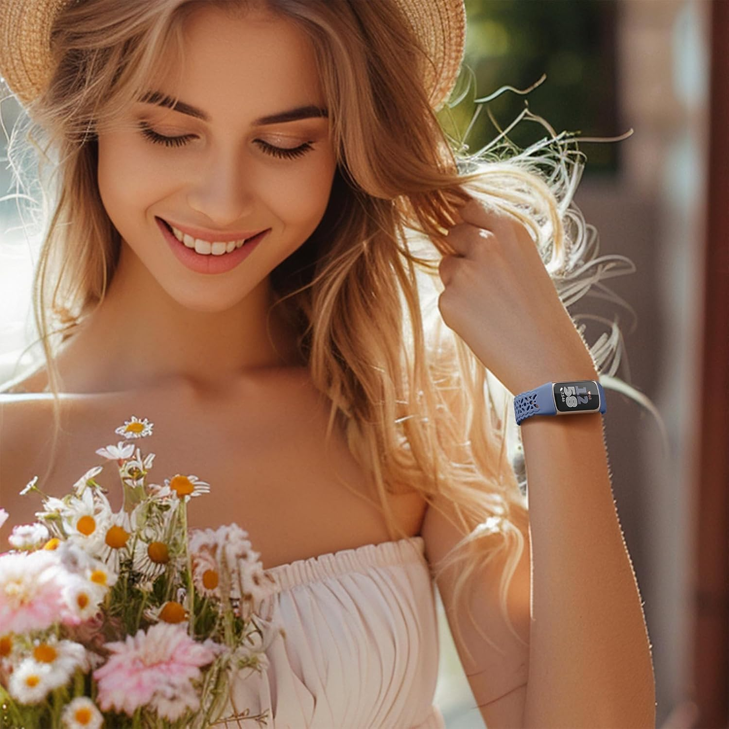 Maledan Floral Lace Bands Compatible for Fitbit Charge 6 Band and Fitbit Charge 5 Band Women, Cute Soft Lilac Flower Pattern Hollow-Out Sport Watch Strap for Fitbit Charge 5/ Charge 6 Fitness Tracker - Black/ Blue Gray/ Smoke Violet image number 3