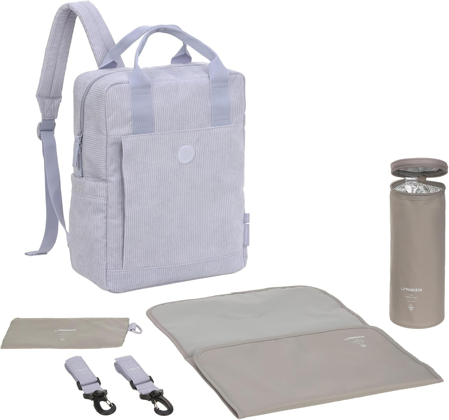 L&Auml;SSIG GRE Vividal Almond Baby Changing Backpack with Changing Mat, Pram Attachment, Bottle Holder Sustainably Produced