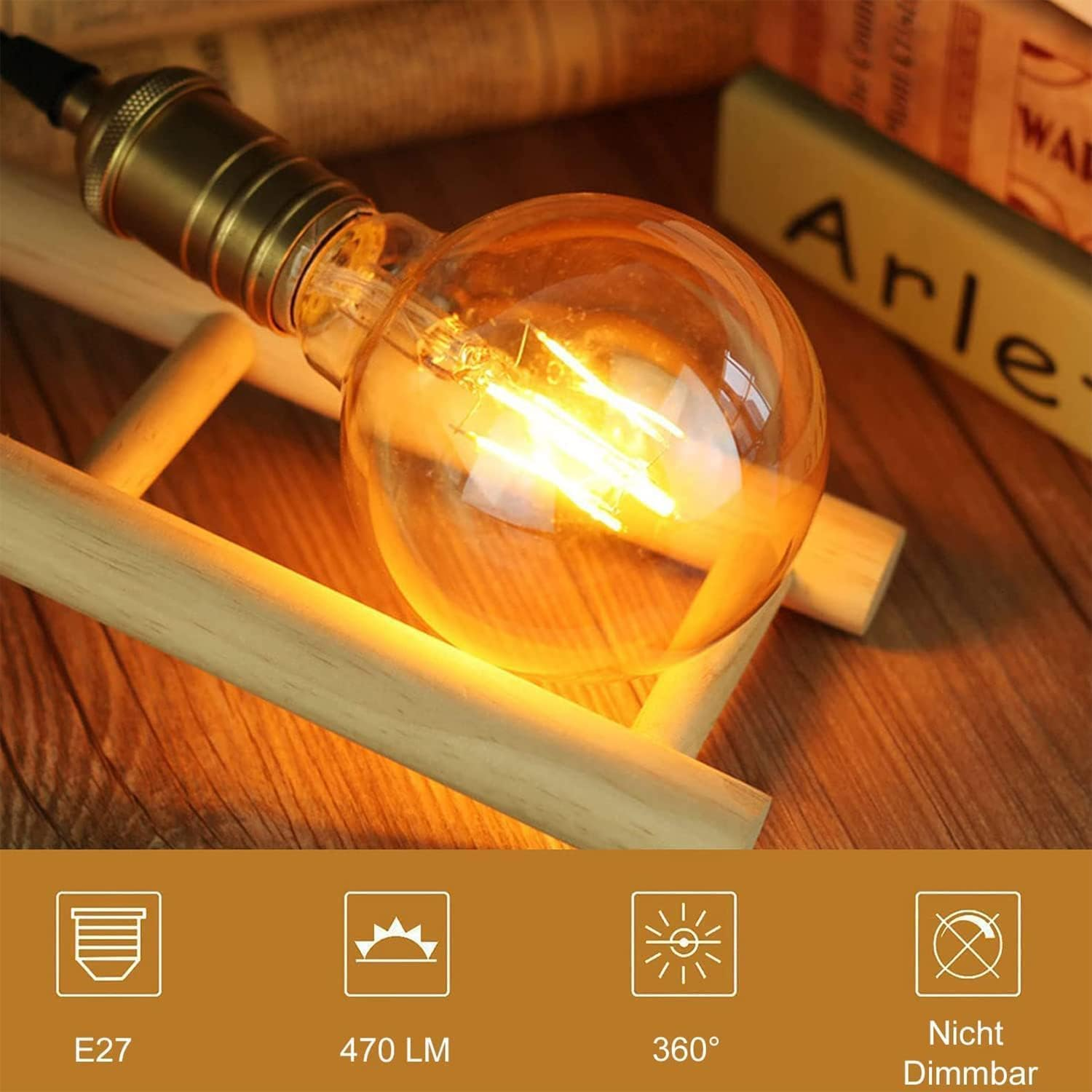 Edison Vintage Light Bulb, Edison LED Lamp Warm White E27 4W 2700K Retro Light Bulb Vintage Antique Light Bulb 470 Lumen Ideal for Nostalgia and Retro Lighting in Family Hotel Bar Etc. Pack of 6 image number 3