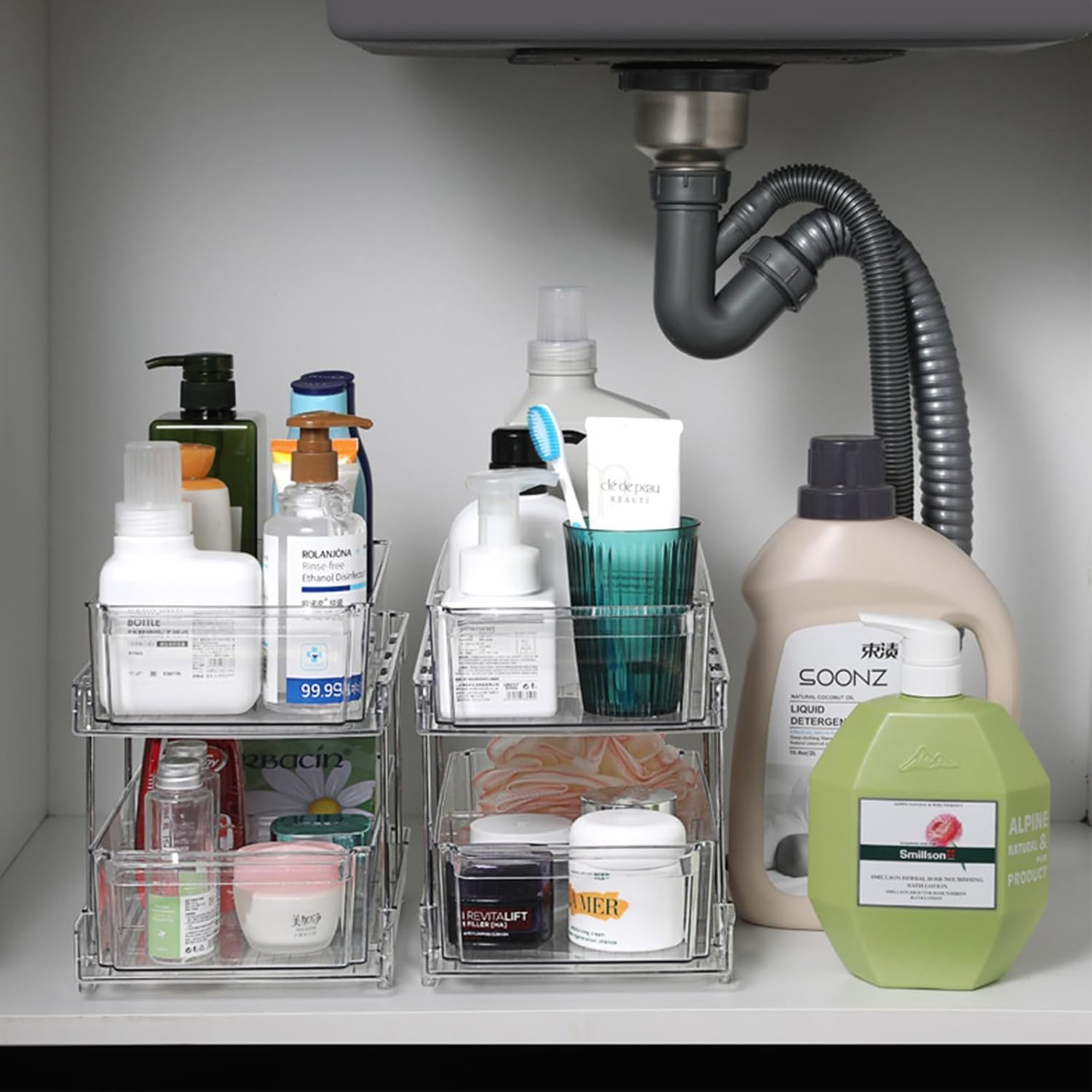 2 Tier Clear Pull Out Cabinet Organizer for Pantry Organiser, Medicine Cabinet Storage Bins, Kitchen Storage and Organisation, under Sink Storage Drawer Organiser for Countertop, Bathroom image number 4