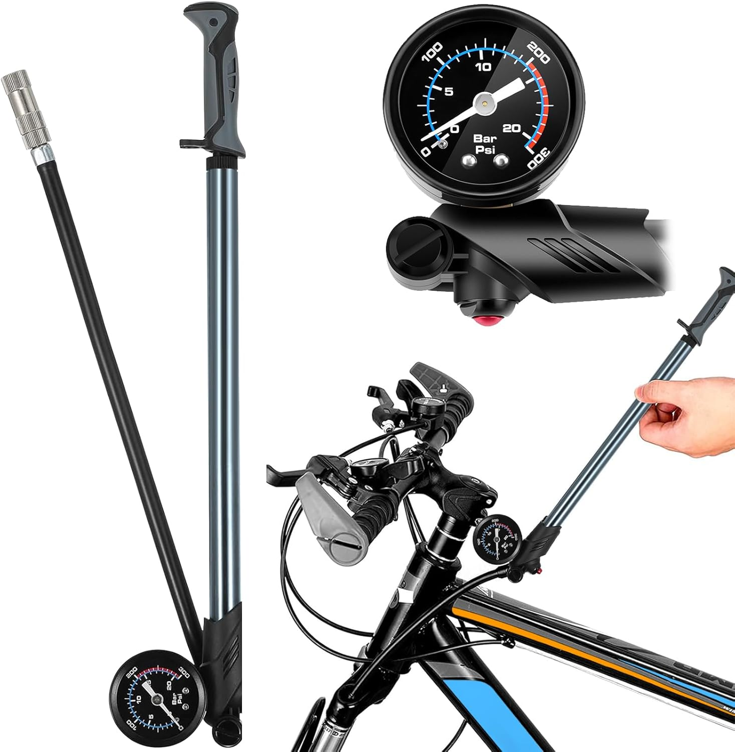 Powerful Bike Shock Pump, High Pressure 300 PSI Digital Dual Suspension Bicycle Air Pump with Air Bleed Button for Front Fork & Rear Shock image number 4
