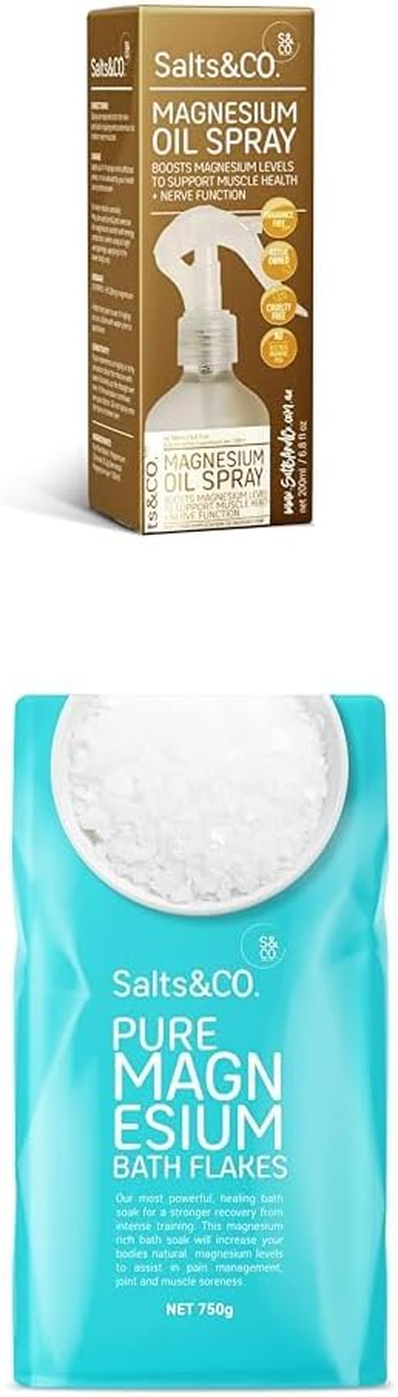 Salts & Co. Magnesium Oil Spray 200 Ml and Pure Magnesium Bath Flakes 750 G BUNDLE