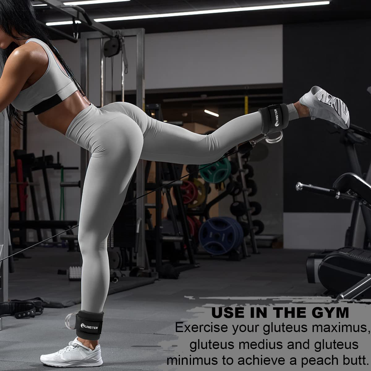 LINSTER Ankle Straps for Cable Machines (Pair) Adjustable Fit Comfort Neoprene and Double D-Rings, Ankle Strap Gym Cable Attachment for Glute Workouts, Leg Extensions and Lower Body Exercises (Black) image number 2