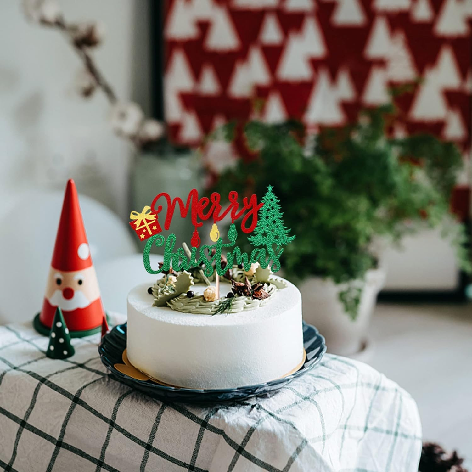 1 Pack Merry Christmas Cake Topper Glitter Lights Gift Box Christmas Tree Cake Pick for Merry Christmas Theme New Year Holiday Kids Birthday Party Cake Decorations Supplies