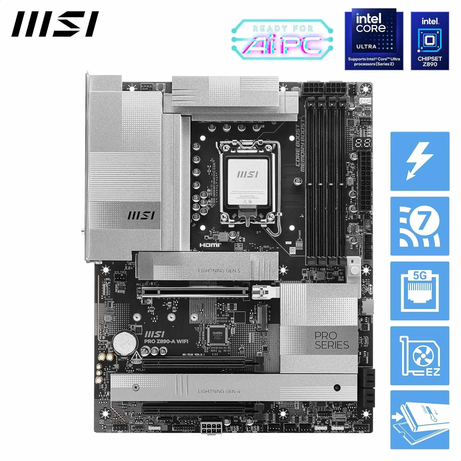 MSI PRO Z890-A Wifi Motherboard, ATX - Supports Intel Core Ultra Processors (Series 2), LGA 1851-90A SPS VRM, DDR5 Memory Boost (9200+ Mt/S OC), Pcie 5.0 X16 & 4.0 X16, M.2 Gen5, Wi-Fi 7, 5G LAN image number 5