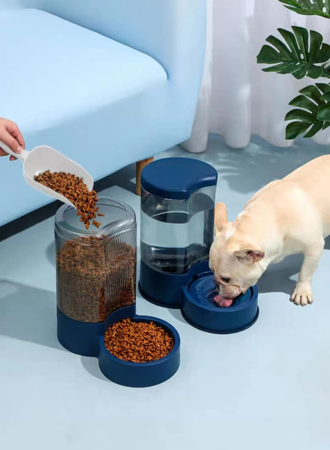 4L Pet Water Dispenser and 2.2KG Food Feeder - Large Capacity Automatic Gravity Feeder for Cats and Dogs - Transparent Slow Drinking Unplugged (White)