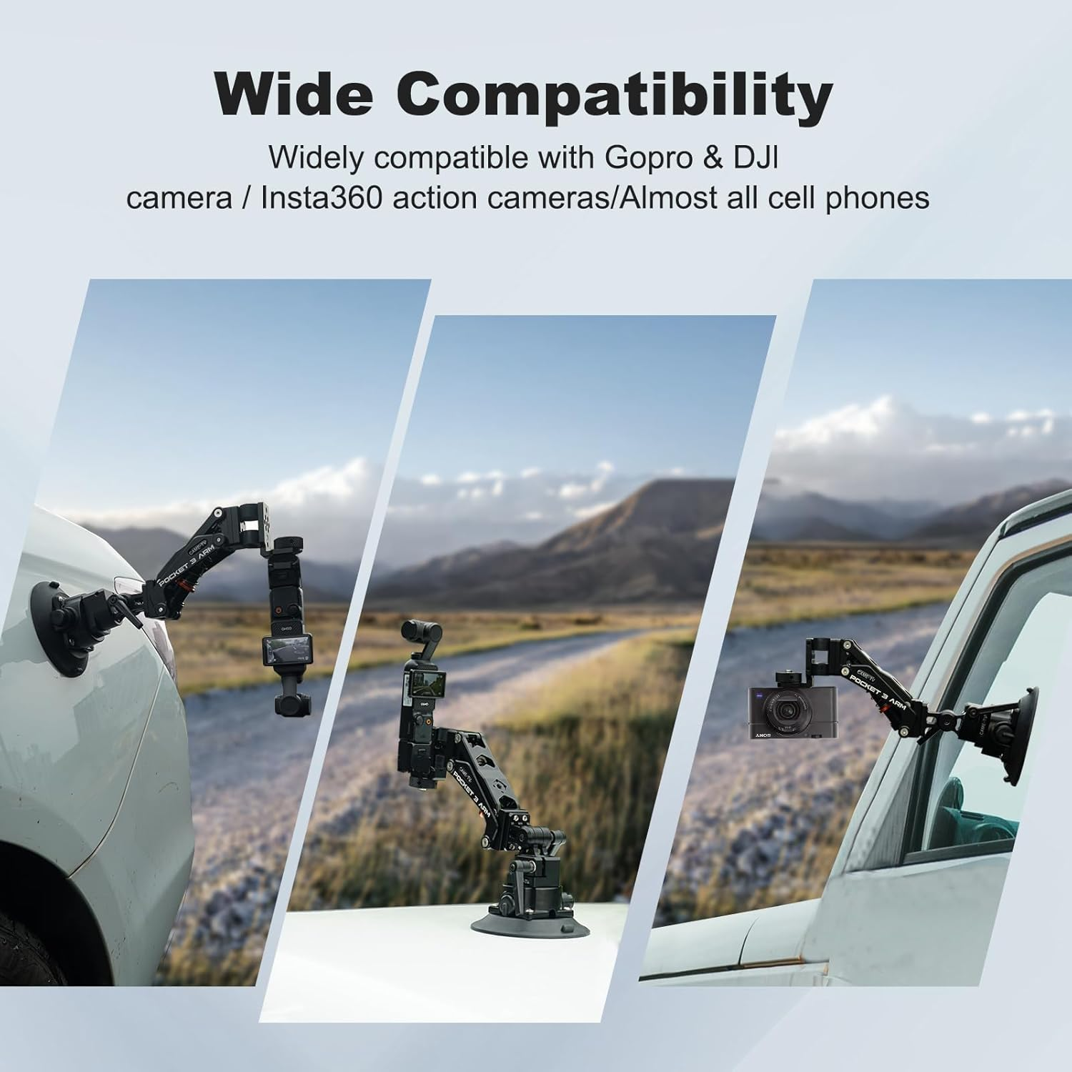 Came-Tv Camera Car Suction Cup Mount Stabilizer for DJI Osmo Pocket 3, Action Camera Car Mount Shock Absorber Arm Compatible with DJI Osmo Pocket/Gopro/Insta360/Phone 1/4" Mounting Hole PK02