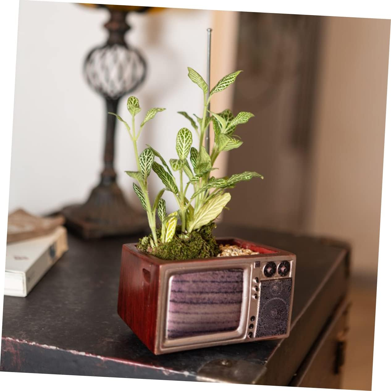 BCOATH Retro Red Resin Tv Shape Flower Pot Indoor Gardening Planter Decorative Home Storage Organizer for Arts Crafts Supplies image number 2