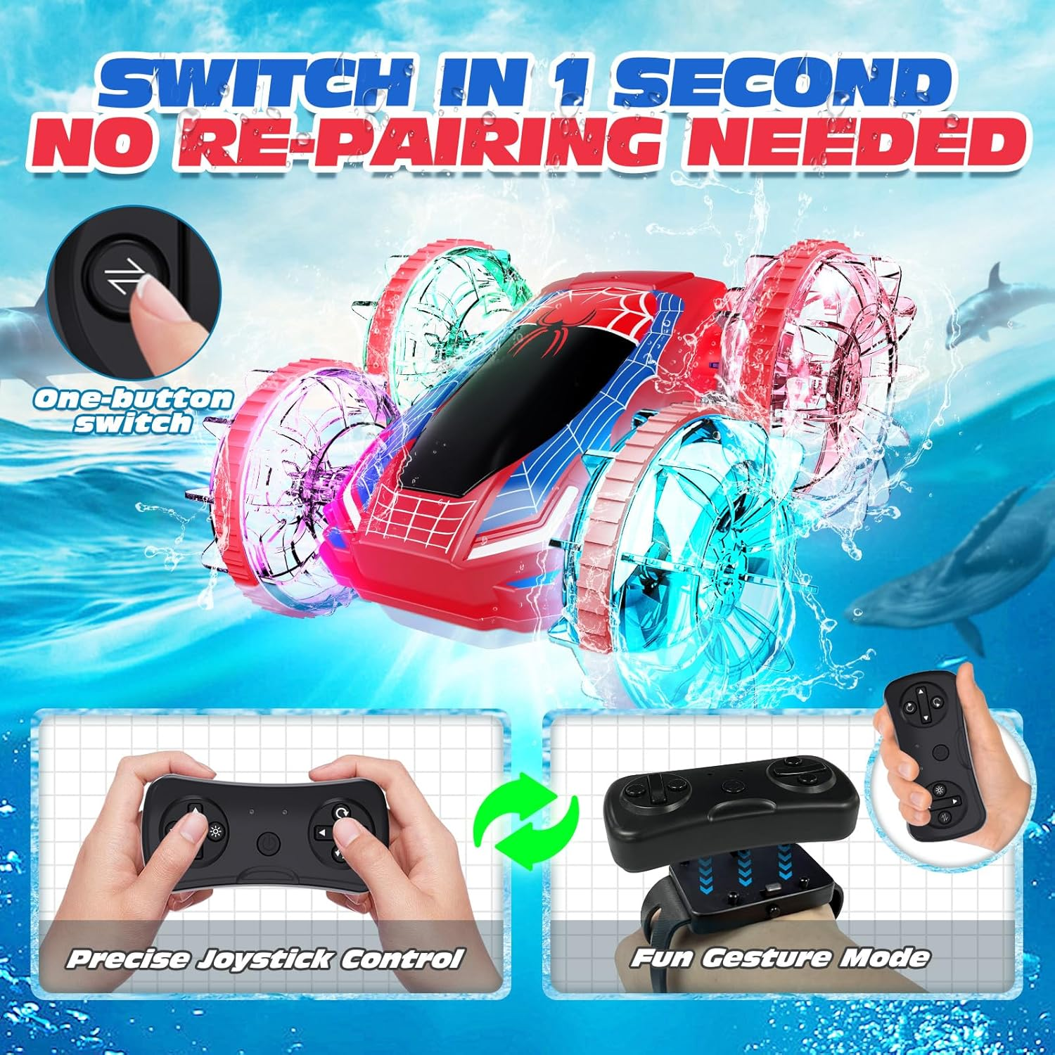 Tecnock Amphibious Remote Control Car Boat, 4WD Gesture RC Cars with Magnetic Charging, 60 Min Playtime, LED Lights, Pool Toys for Kids Ages 6-12, Toys for Boys Girls (Red) image number 4