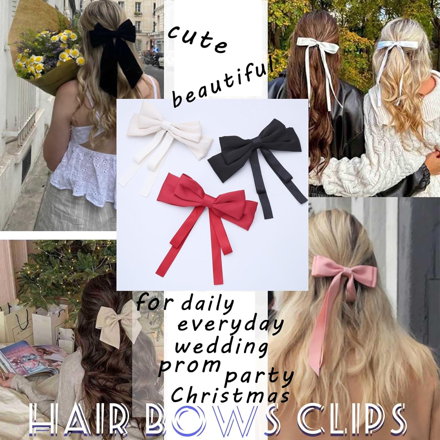 Black Hair Bows for Women Bow Hair Clips Silky Satin Bow Clips Cute Hair Bow Clips French Hair Band Bow Long Tail Bows Wedding Bow Barrette Bowknot Red White image number 4