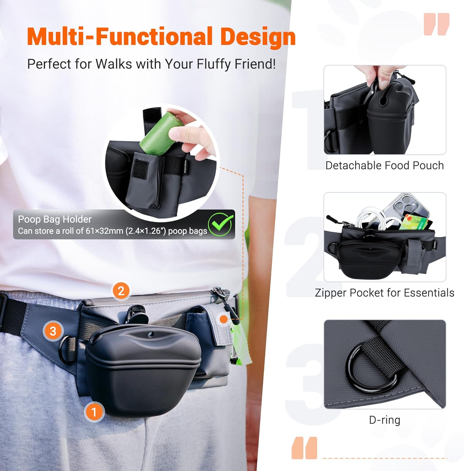 2 in 1 Dog Treat Pouch for Training,Upgrade Treat Pouch for Leash with Removable Clip on Silicone Treat Bag & Built-In Poop Bag Dispenser,Waist Belt Fanny Pack for Pet Puppy Training Walking Hiking image number 2