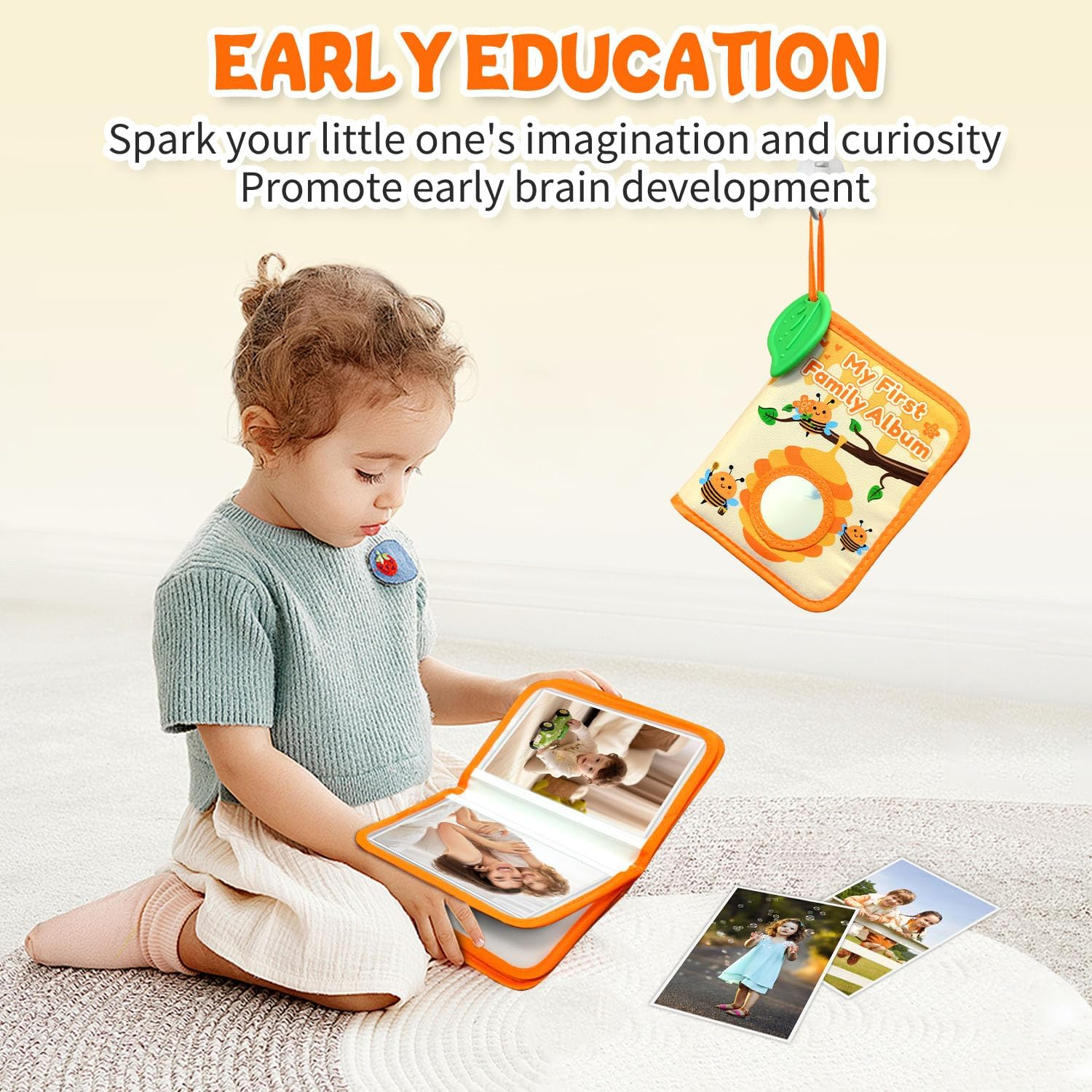 My First Photo Album for Baby, 18|4X6" Baby Photo Book with Soft Cloth Cover & Safety Mirror, Toddler Baby Family Photo Book for Newborns Baptism Birthday Gifts, Yellow Bee - Smiley Face image number 6