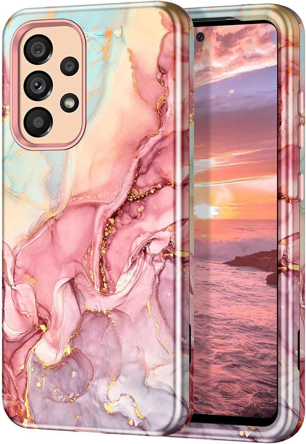 Btscase for Samsung Galaxy A53 5G Case, Marble Pattern 3 in 1 Heavy Duty Shockproof Full Body Rugged Hard Pc+Soft Silicone Drop Protective Women Girl Cover for Samsung Galaxy A53 5G,Rose Gold