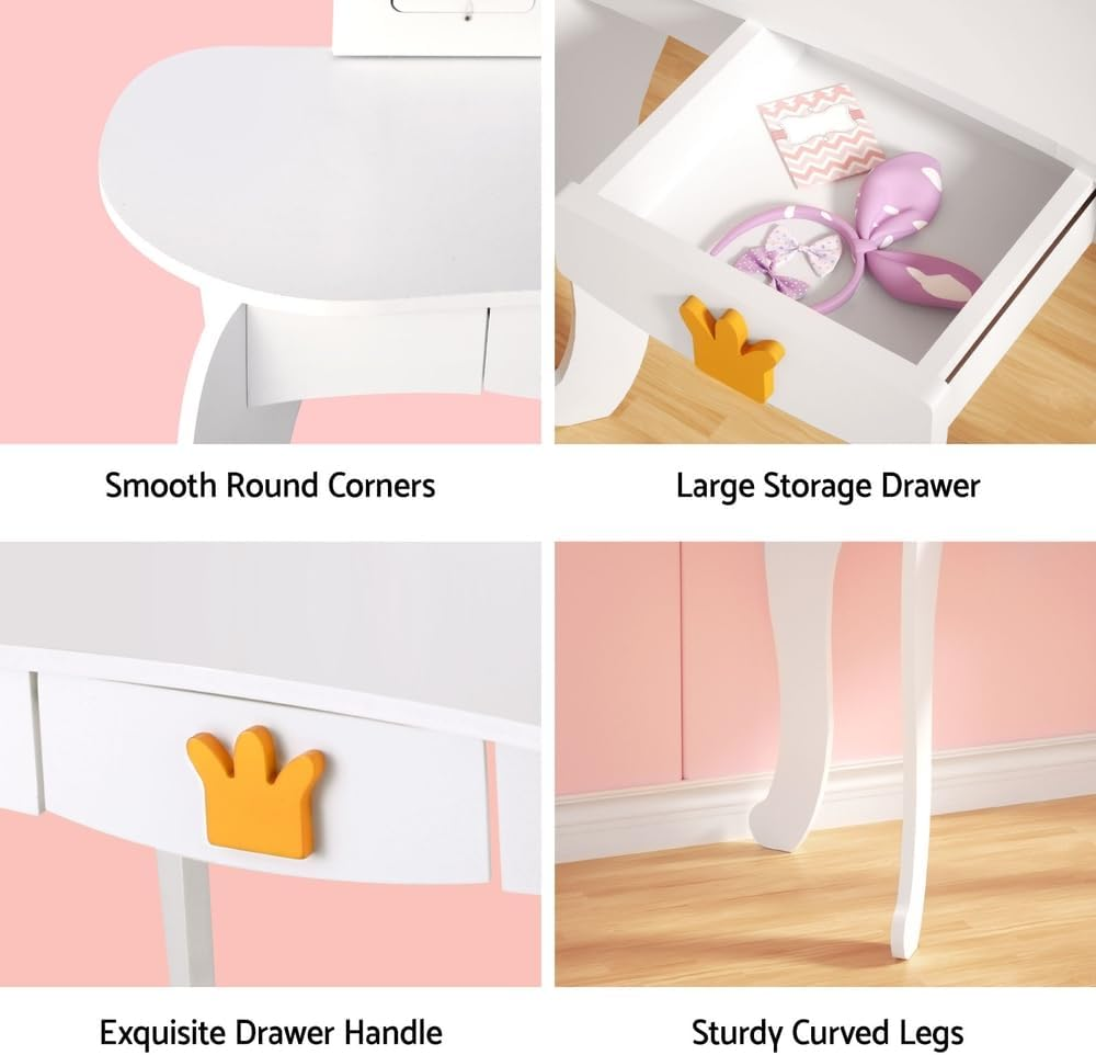 Keezi Kids Dressing Table Vanity Makeup Chair Set Wooden 3 Mirror Drawer White image number 3