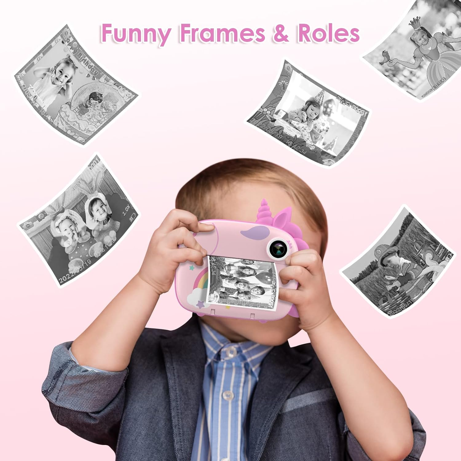 Camera Instant Print, Digital Camera for Kids with Zero Ink Print Paper & 32G TF Card, Selfie Video Camera with Color Pens & Photo Clips for DIY, for Girls Boys 3-12 Years Old (Pink) - Blue image number 2