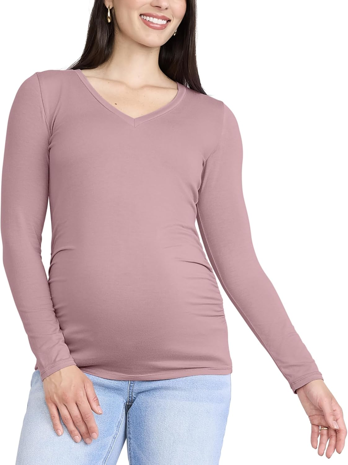 Motherhood Maternity Women'S Maternity Long Sleeve V-Neck Side Ruched Tee Shirt image number 5